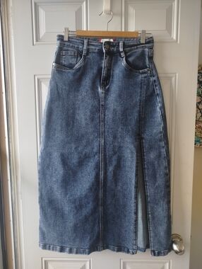 Denim Midi Skirt with Front Slit